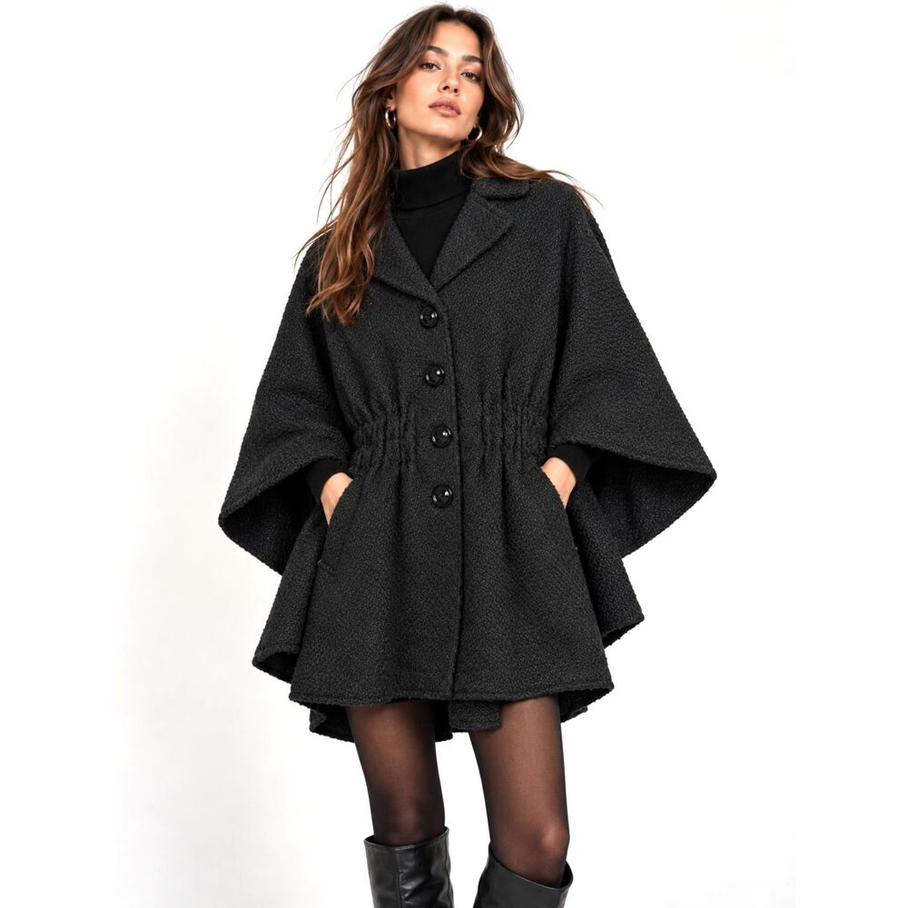 Steve Madden Black Textured Cape Coat Poncho Jacket Ruched Waist L